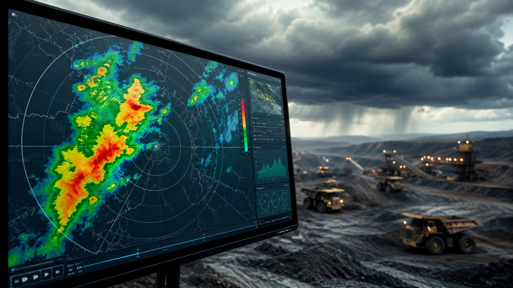Radar meteorológico monitorando a aproximação de chuva em uma operação