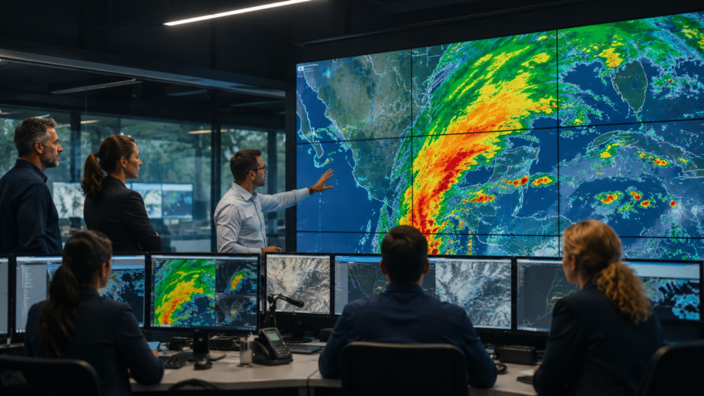 Equipe utilizando monitoramento meteorológico durante protocolo de chuva